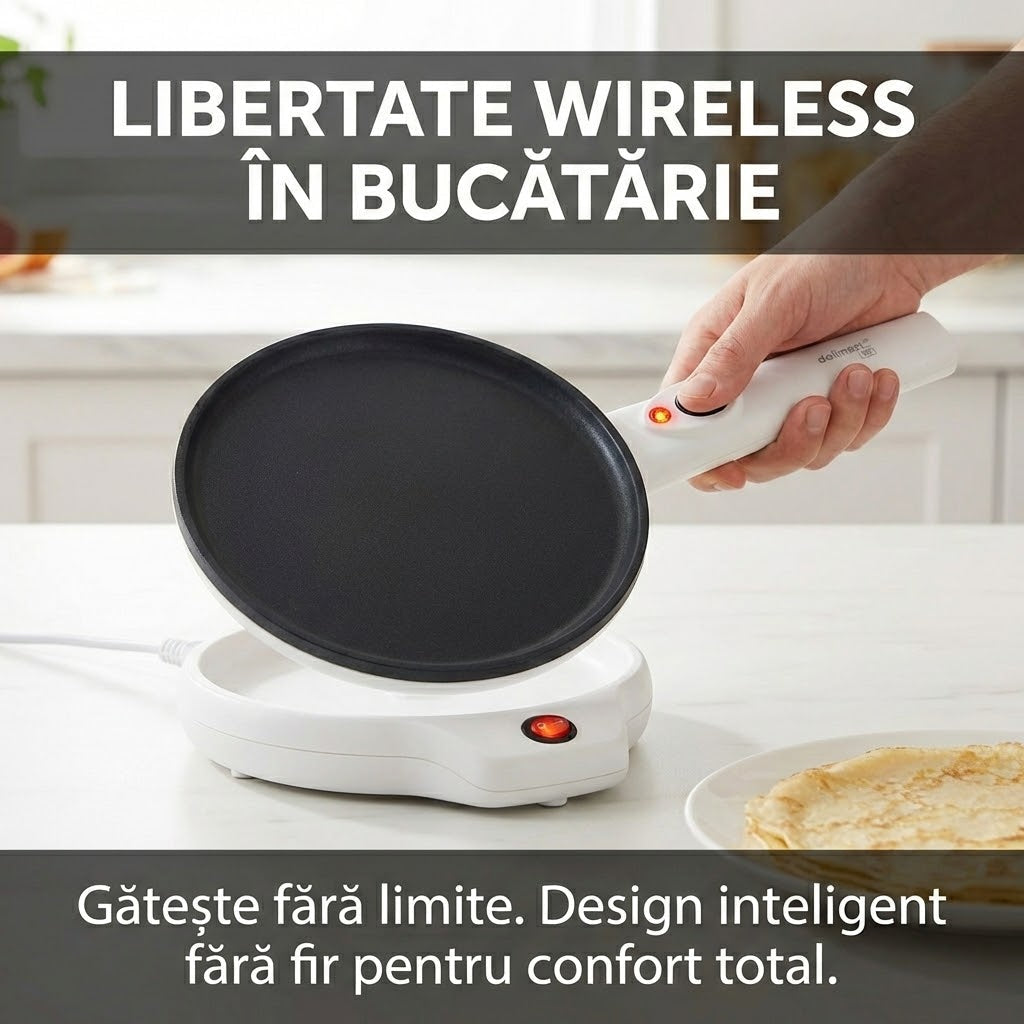 Aparat Electric de Făcut Clătite (Crepes) Fără Ulei - Putere 800W, Diametru 20cm & Design Fără Fir (Wireless)