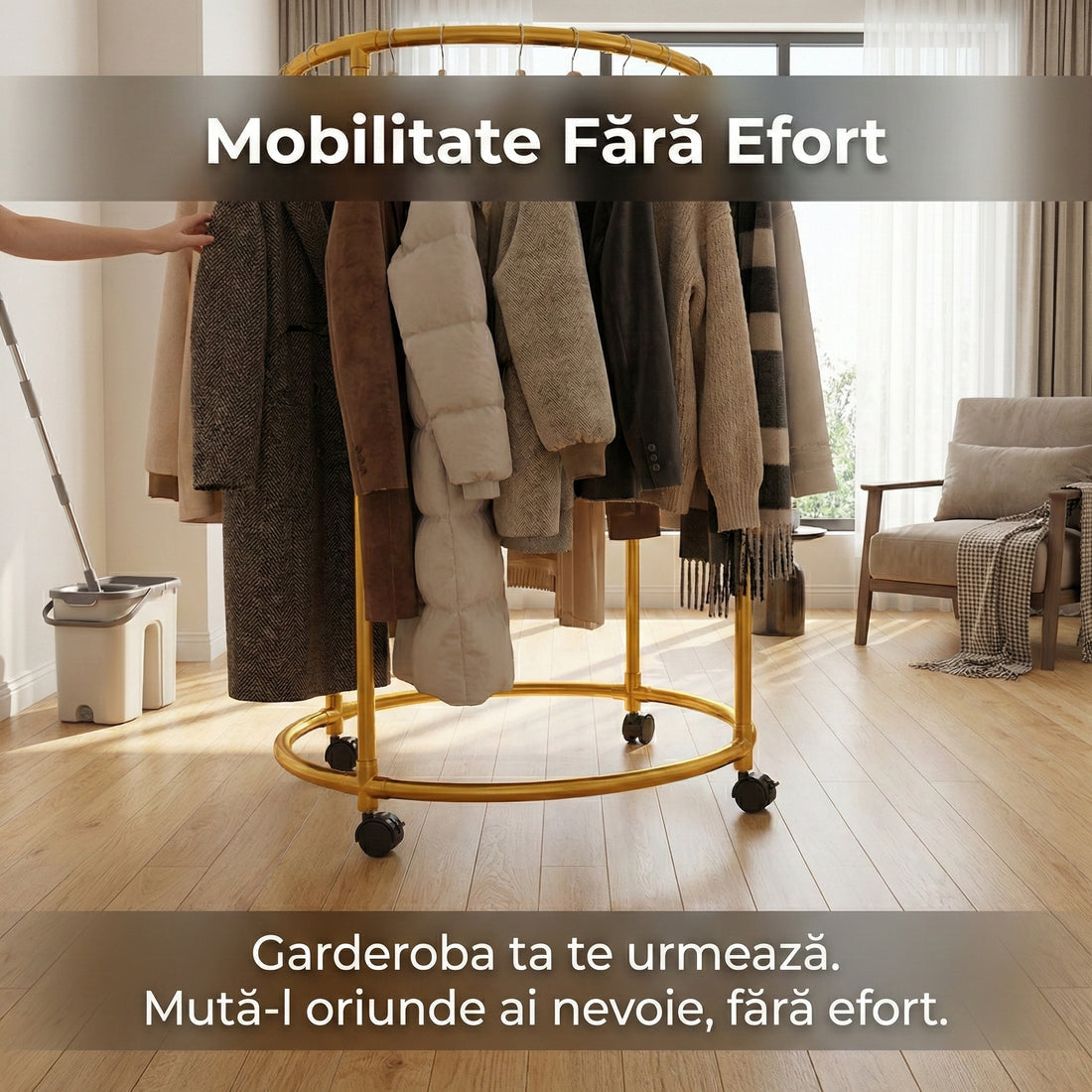 Suport auriu rotund din oțel Inoxidabil pentru haine, cu roti, finisaj cromat, capacitate 40 kg