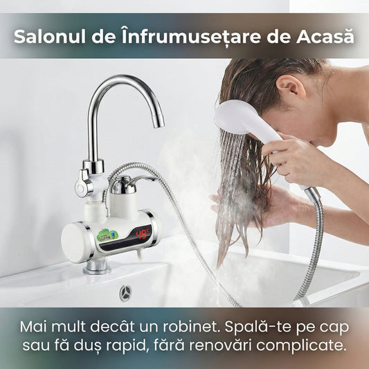 Robinet Electric Instant 3000W cu Încălzitor și Duș Inclus, Afișaj LCD, Rotire 360°, Montare Ușoară pe Chiuvetă, Alb/Crom
