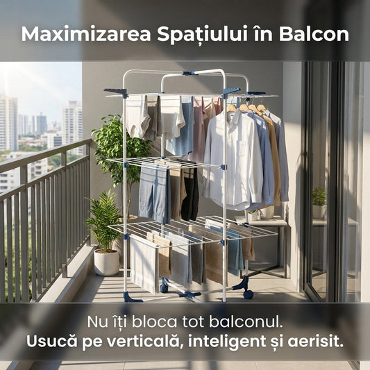 Uscător de Rufe Vertical Dublu Pliabil , 3 Niveluri, Capacitate 30 kg, Portabil, Alb