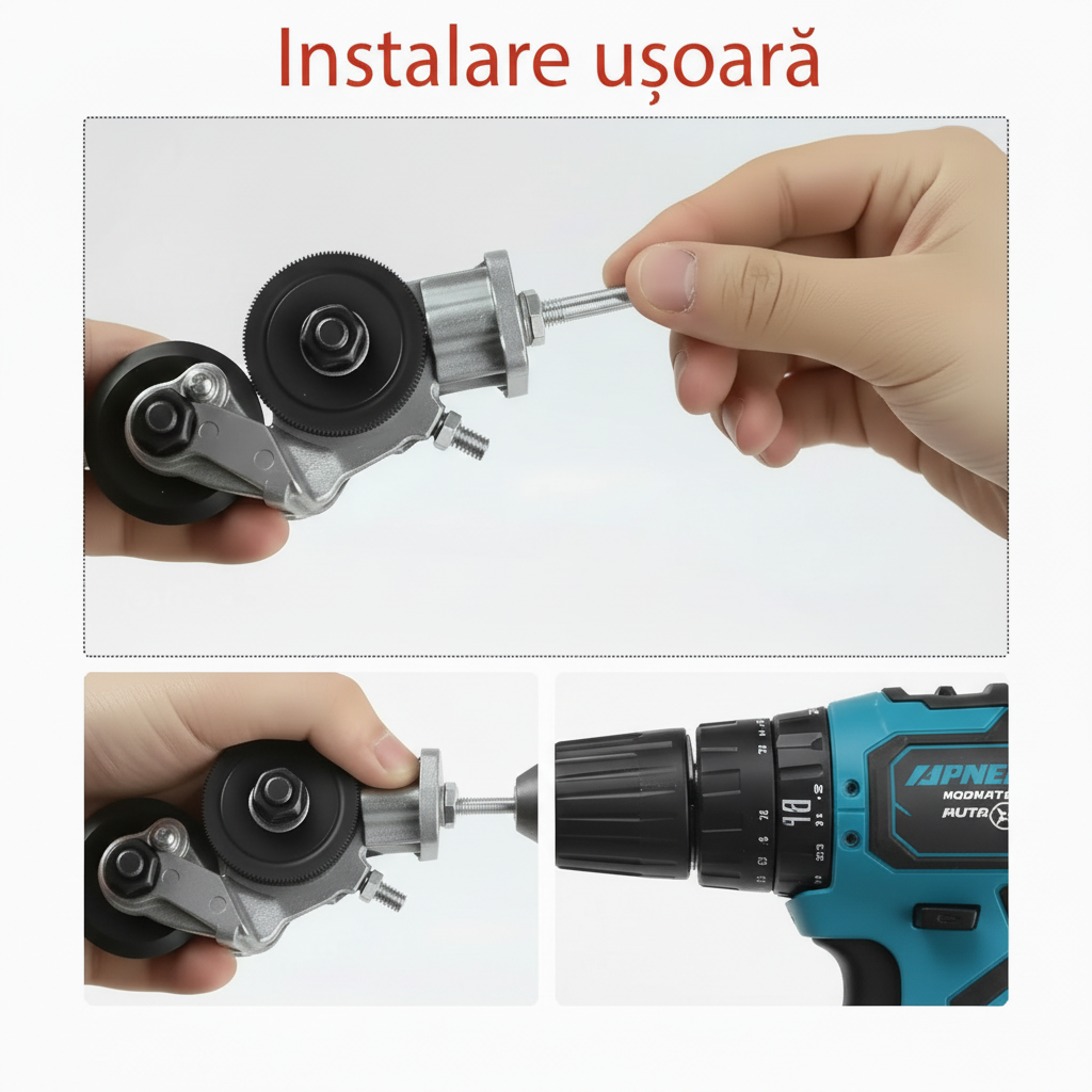 Adaptor Profesional Tăiere Tablă pentru Bormașină - Foarfecă Electrică 2mm cu Role de Ghidaj & Instalare Rapidă