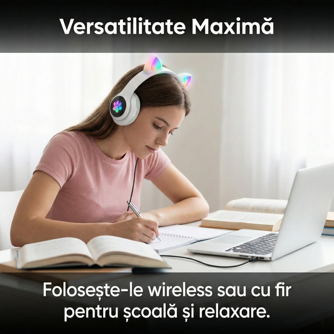 Căști Audio Wireless cu Urechi de Pisică și Iluminare LED RGB, Bluetooth 5.0, Sunet Stereo, Microfon Incorporat, Alb