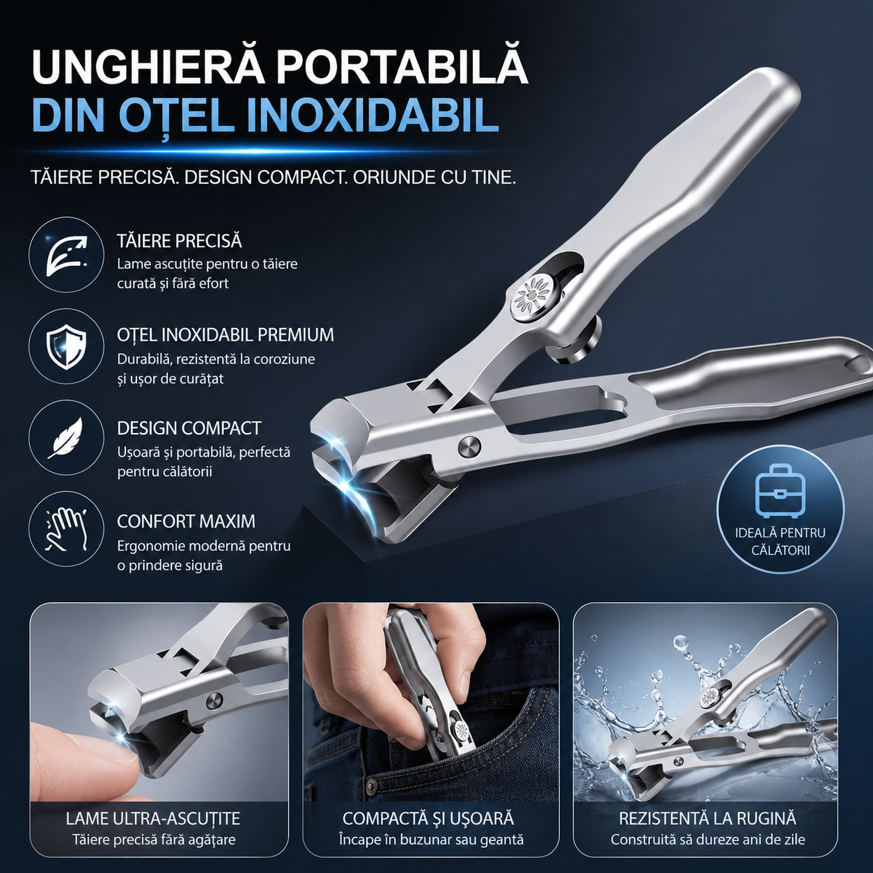 Unghieră Portabilă din Oțel Inoxidabil – Design Profesional,Tăiere Precisă, Perfect pentru Călătorii și uz zilnic