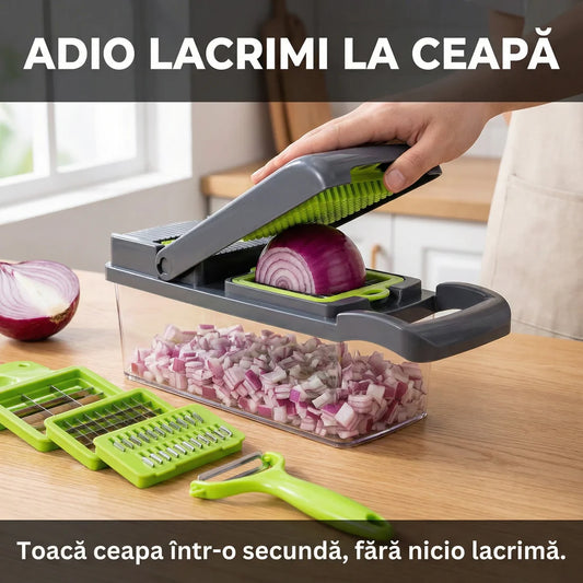Răzătoare Multifuncțională Legume & Fructe cu Recipient Colector - Mandolină Manuală pentru Feliere, Răzuire & Cuburi