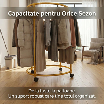 Suport auriu rotund din oțel Inoxidabil pentru haine, cu roti, finisaj cromat, capacitate 40 kg