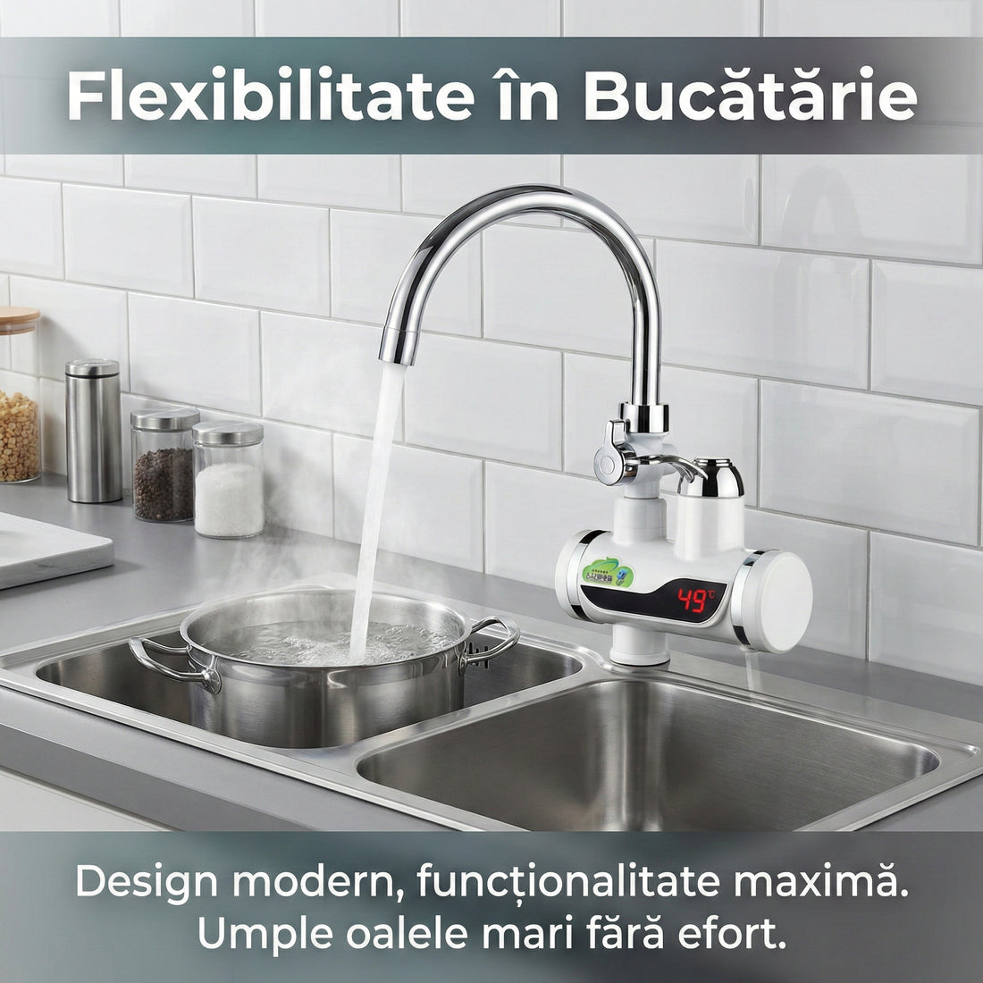 Robinet Electric Instant 3000W cu Încălzitor și Duș Inclus, Afișaj LCD, Rotire 360°, Montare Ușoară pe Chiuvetă, Alb/Crom