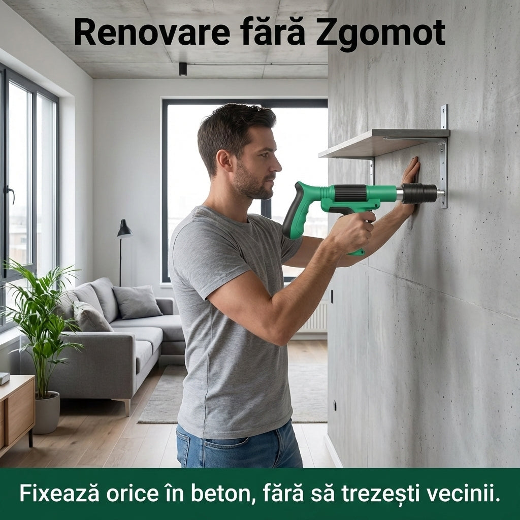 Pistol de Bătut Cuie în Beton  + 50 Cuie - Putere Ajustabilă 3 Trepte & Amortizor Zgomot (Fără Aer/Curent)