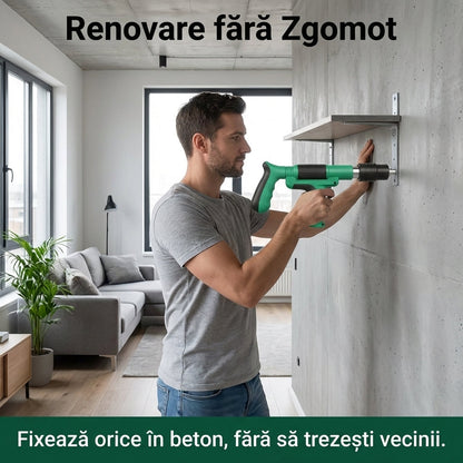 Pistol de Bătut Cuie în Beton  + 50 Cuie - Putere Ajustabilă 3 Trepte & Amortizor Zgomot (Fără Aer/Curent)