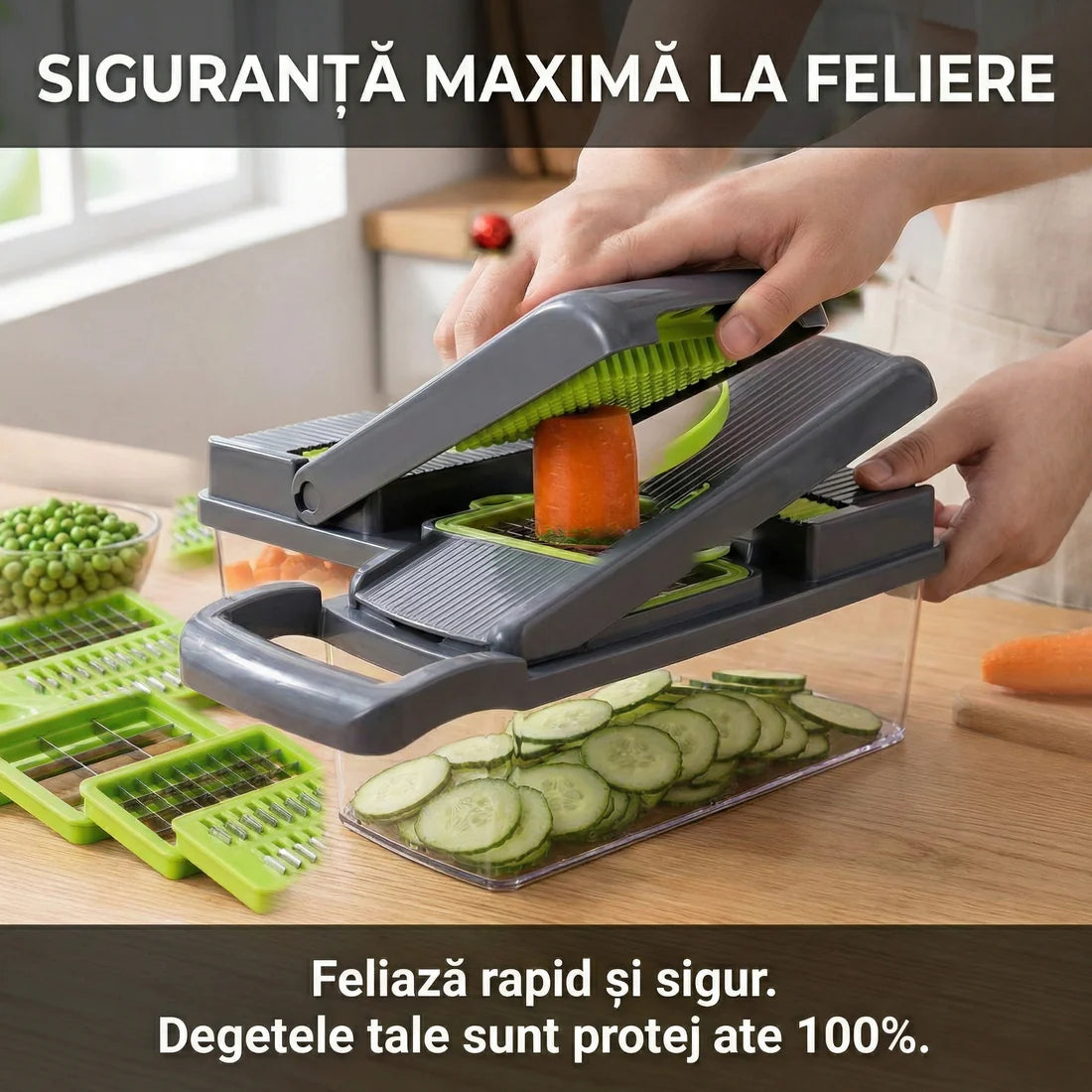 Răzătoare Multifuncțională Legume & Fructe cu Recipient Colector - Mandolină Manuală pentru Feliere, Răzuire & Cuburi