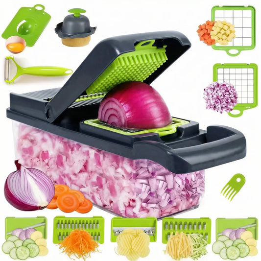 Răzătoare Multifuncțională Legume & Fructe cu Recipient Colector - Mandolină Manuală pentru Feliere, Răzuire & Cuburi