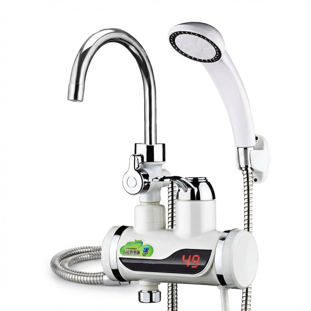 Robinet Electric Instant 3000W cu Încălzitor și Duș Inclus, Afișaj LCD, Rotire 360°, Montare Ușoară pe Chiuvetă, Alb/Crom