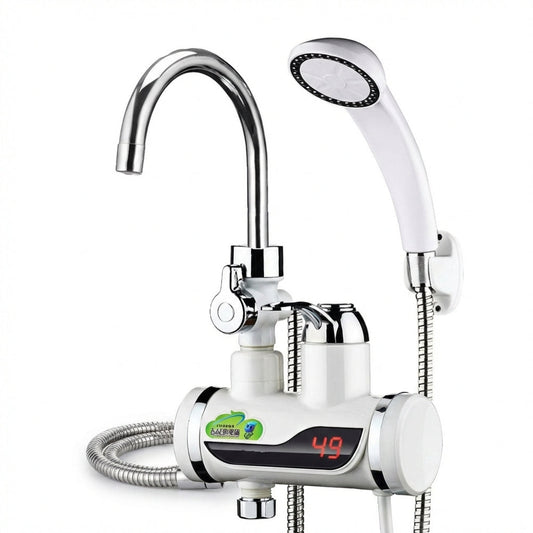 Robinet Electric Instant 3000W cu Încălzitor și Duș Inclus, Afișaj LCD, Rotire 360°, Montare Ușoară pe Chiuvetă, Alb/Crom