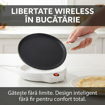 Aparat Electric de Făcut Clătite (Crepes) Fără Ulei - Putere 800W, Diametru 20cm & Design Fără Fir (Wireless)