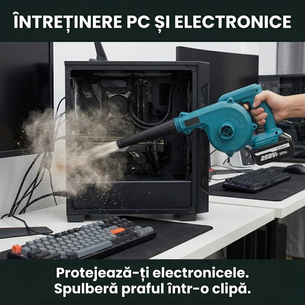 Suflantă & Aspirator 2-în-1 pe Acumulatori 48V - Putere 1080W, 19.000 RPM, Set Complet cu 2 Baterii