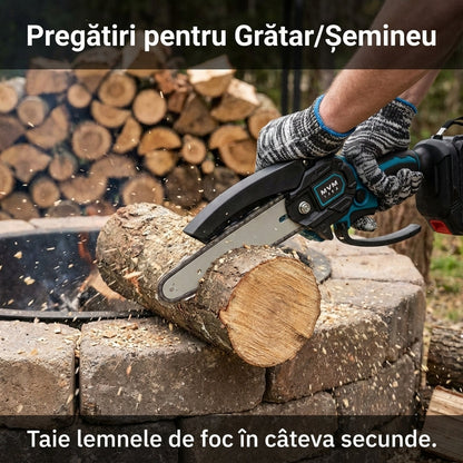 Mini Drujbă Electrică 6 Inch (16cm) - Set Complet cu 2 Acumulatori 48V, 2 Lanțuri & Trusă Transport