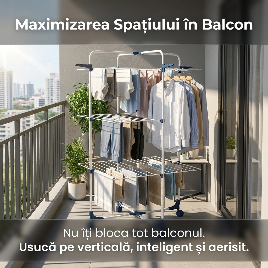 Uscător de Rufe Vertical Dublu Pliabil , 3 Niveluri, Capacitate 30 kg, Portabil, Alb