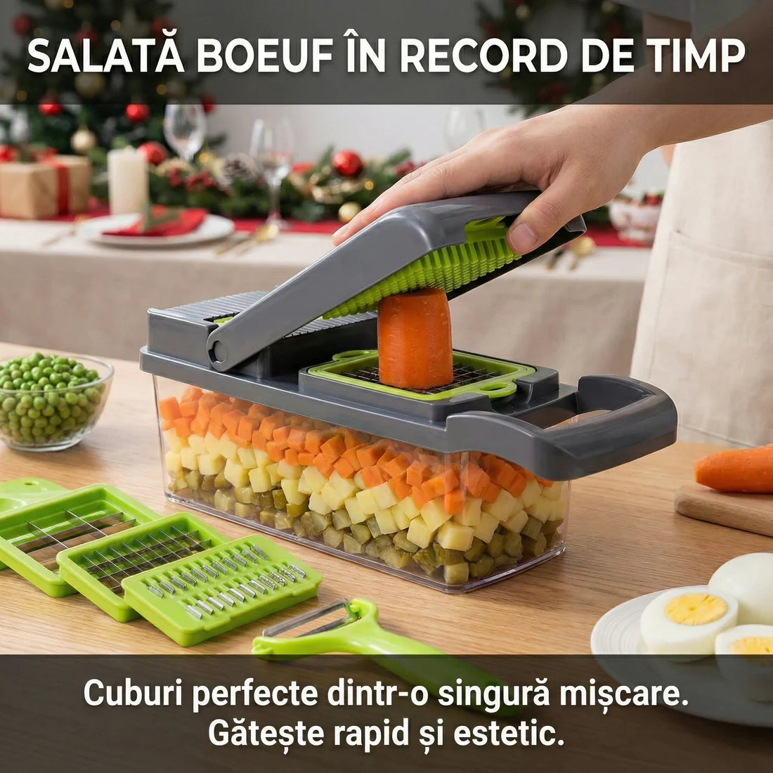 Răzătoare Multifuncțională Legume & Fructe cu Recipient Colector - Mandolină Manuală pentru Feliere, Răzuire & Cuburi