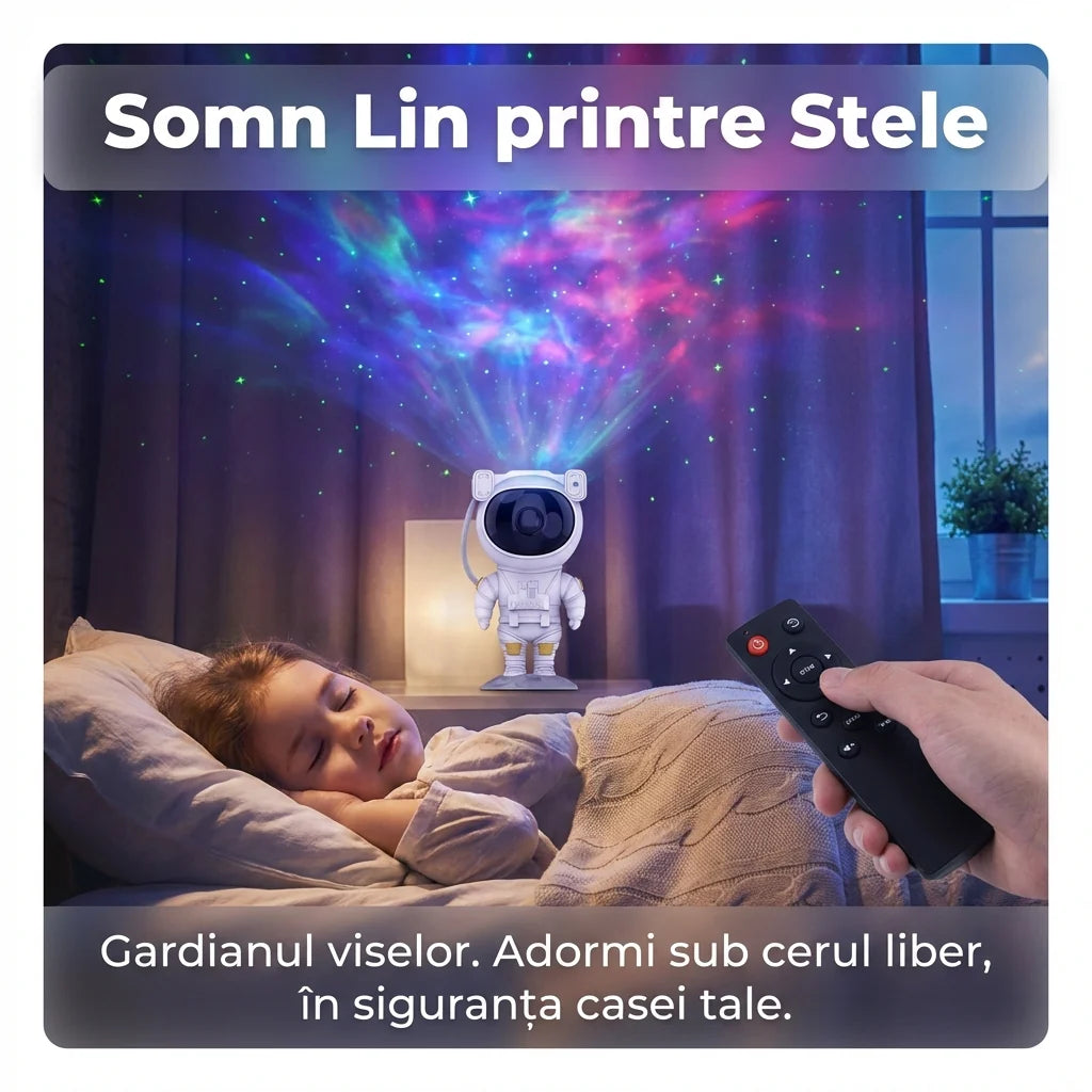 Proiector Galaxy Astronaut cu 7 Efecte de Nebuloase și Stele, Telecomandă, Timer, Design 360°, Alb