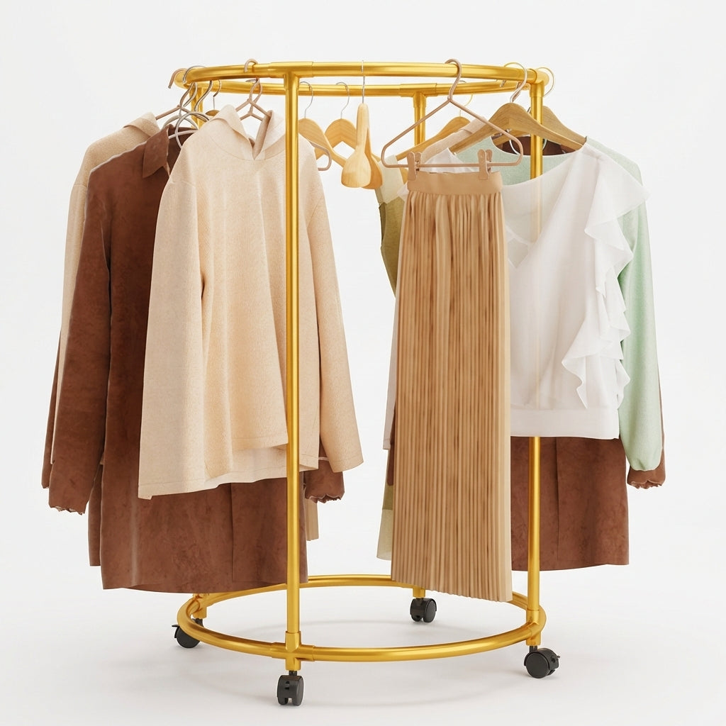 Suport auriu rotund din oțel Inoxidabil pentru haine, cu roti, finisaj cromat, capacitate 40 kg