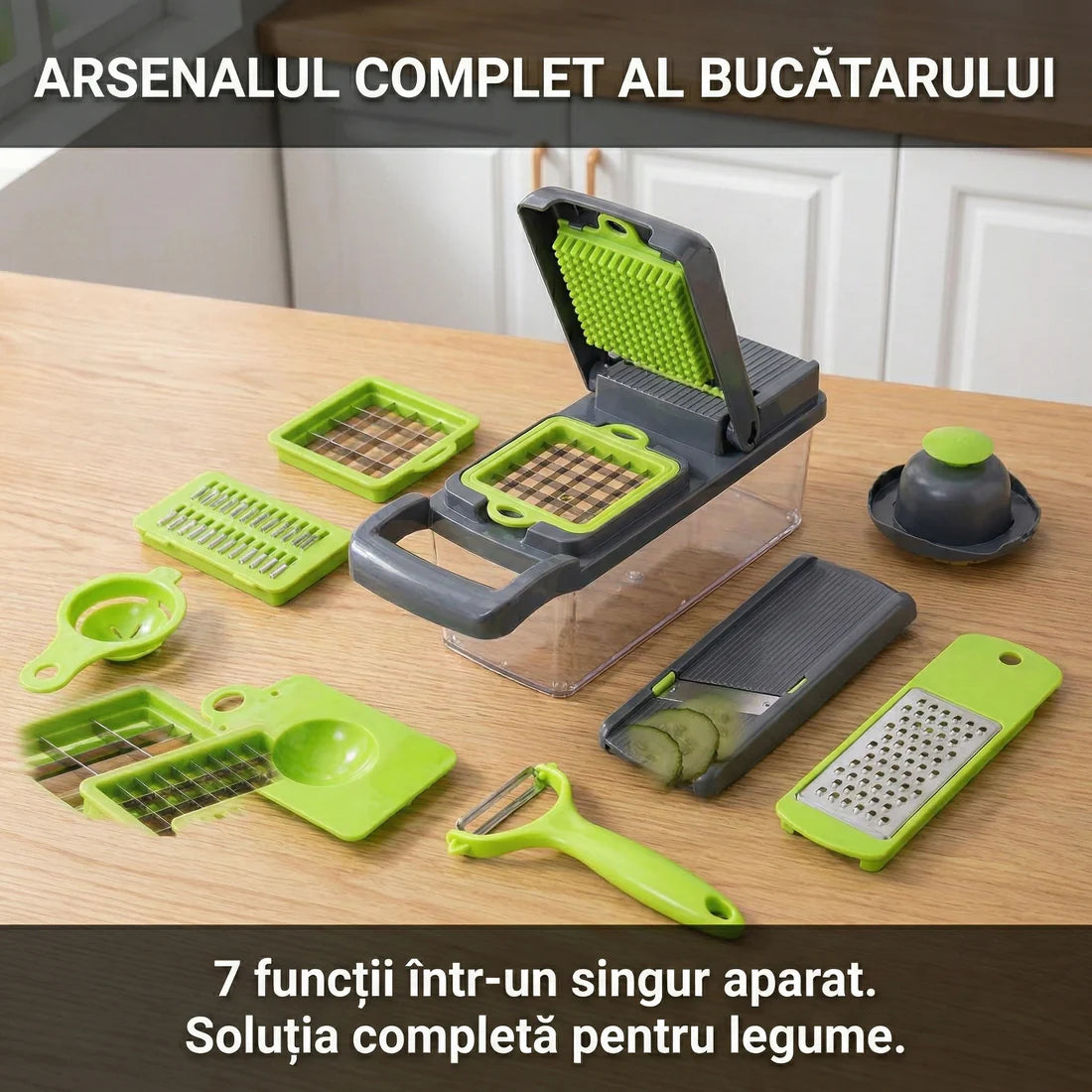 Răzătoare Multifuncțională Legume & Fructe cu Recipient Colector - Mandolină Manuală pentru Feliere, Răzuire & Cuburi