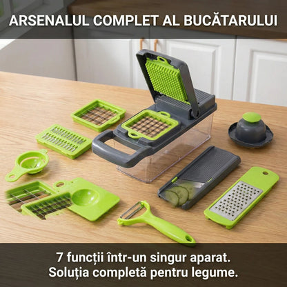 Răzătoare Multifuncțională Legume & Fructe cu Recipient Colector - Mandolină Manuală pentru Feliere, Răzuire & Cuburi