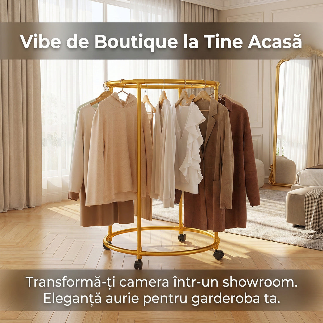 Suport auriu rotund din oțel Inoxidabil pentru haine, cu roti, finisaj cromat, capacitate 40 kg