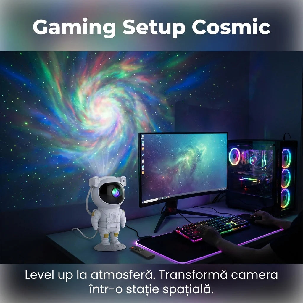 Proiector Galaxy Astronaut cu 7 Efecte de Nebuloase și Stele, Telecomandă, Timer, Design 360°, Alb