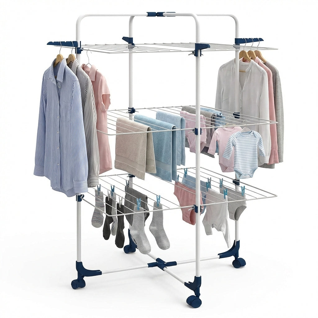 Uscător de Rufe Vertical Dublu Pliabil , 3 Niveluri, Capacitate 30 kg, Portabil, Alb