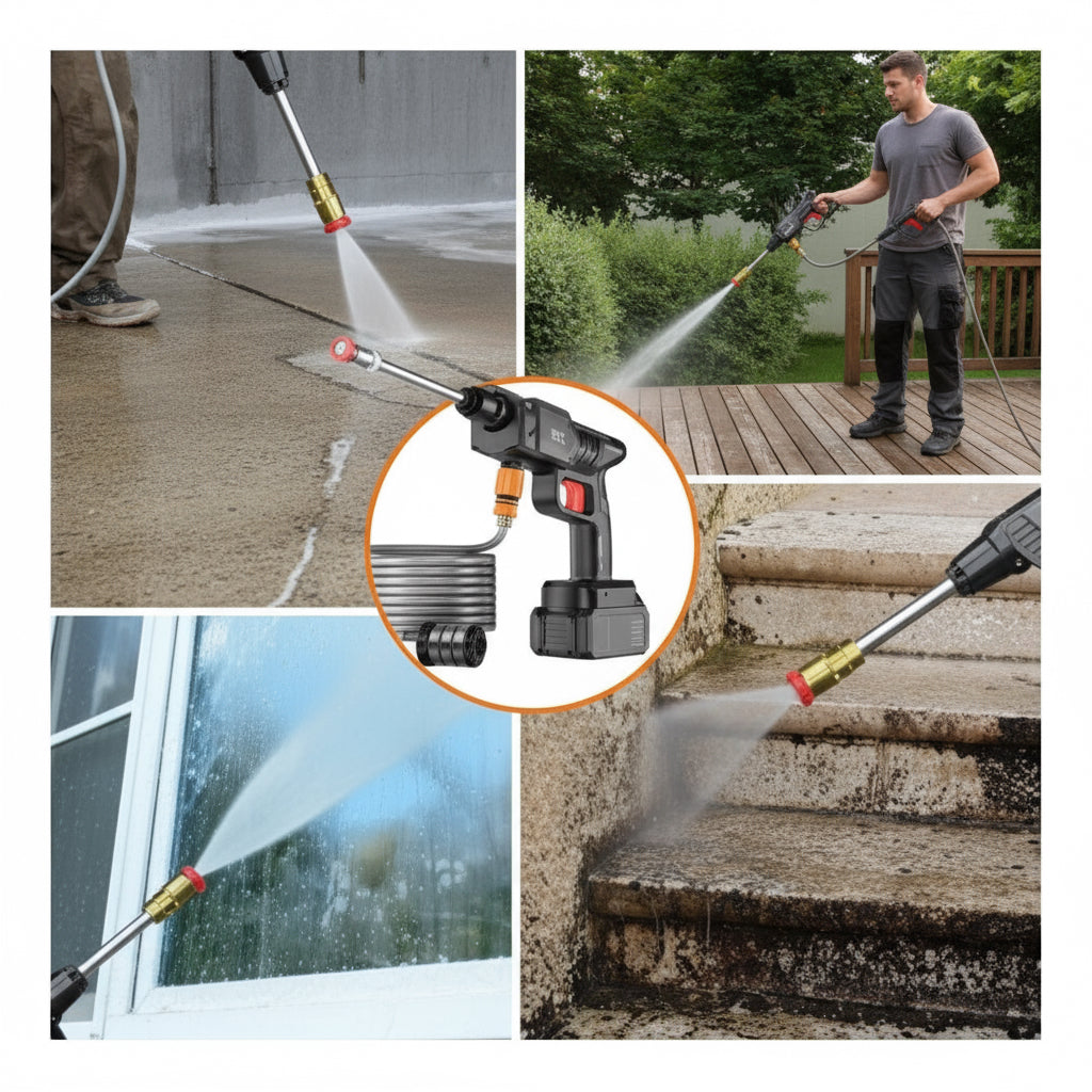 Aparat de Spălat cu Presiune 48V, 25 Bari, 8L/min, cu Acumulator și Kit Complet.