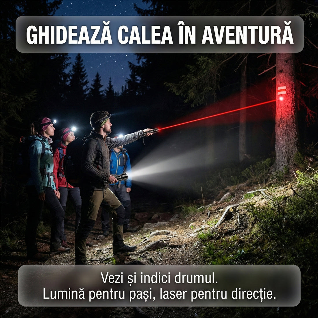 Lanternă LED de Mână Multifuncțională 3-în-1 cu Laser Roșu, Reîncărcabilă, Rezistentă la Șocuri și Apă, Acumulator Inclus