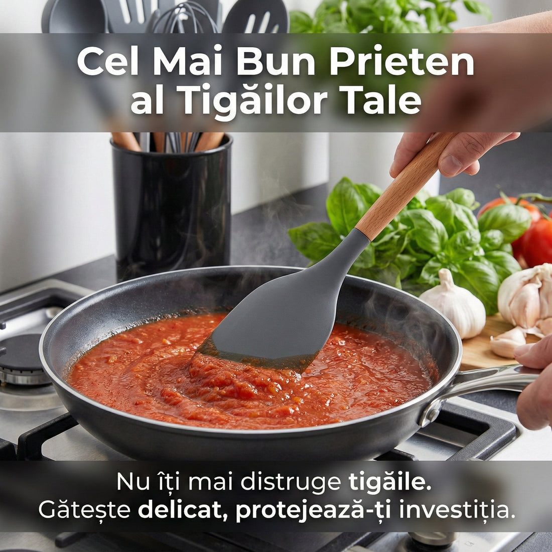 Set Premium 12 Ustensile de Gătit din Silicon Termorezistent și Lemn Natural, Antiaderente + Suport Inclus