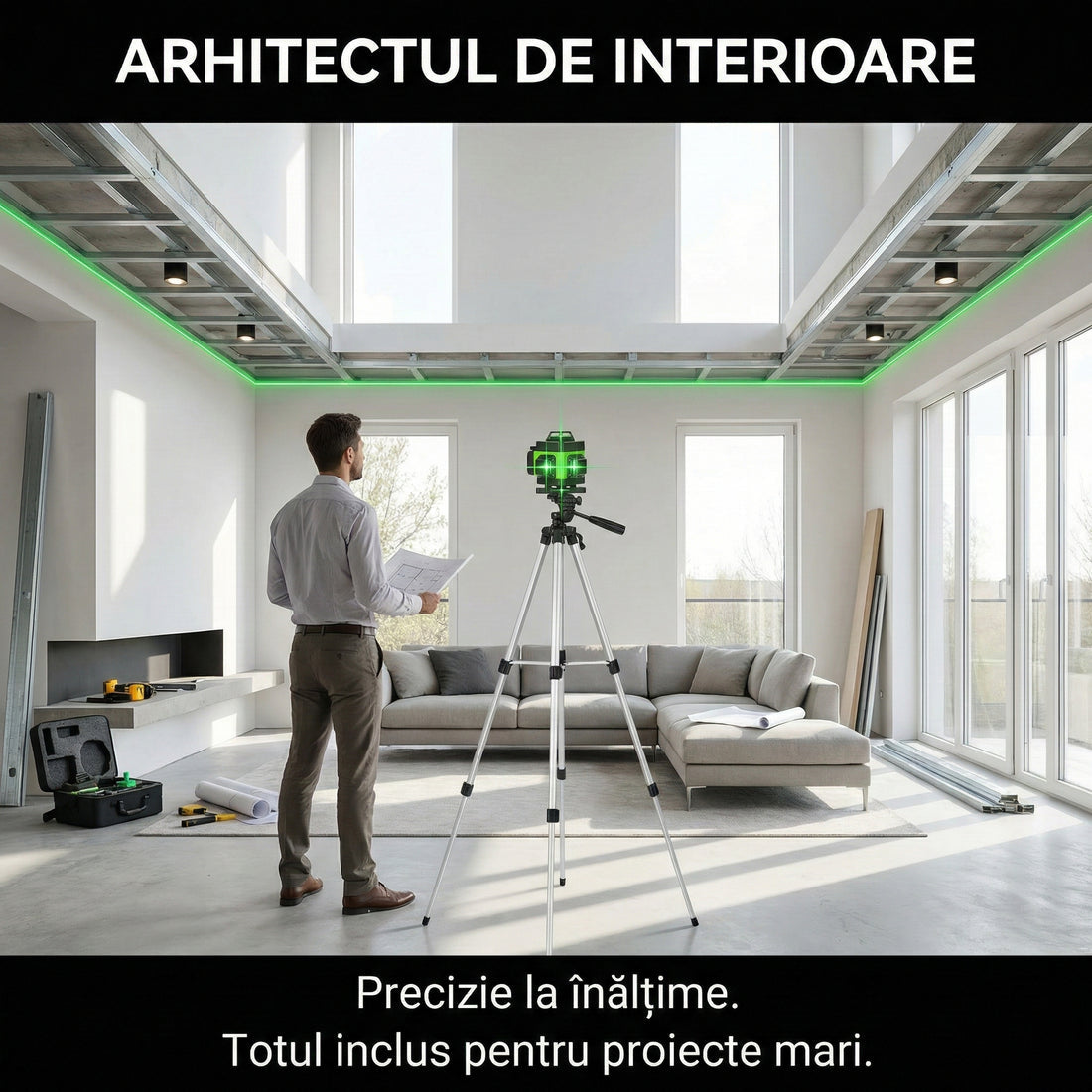 Nivelă Laser 4D Profesională cu 16 Linii - Autonivelare, Control App & Trepied 150cm Inclus