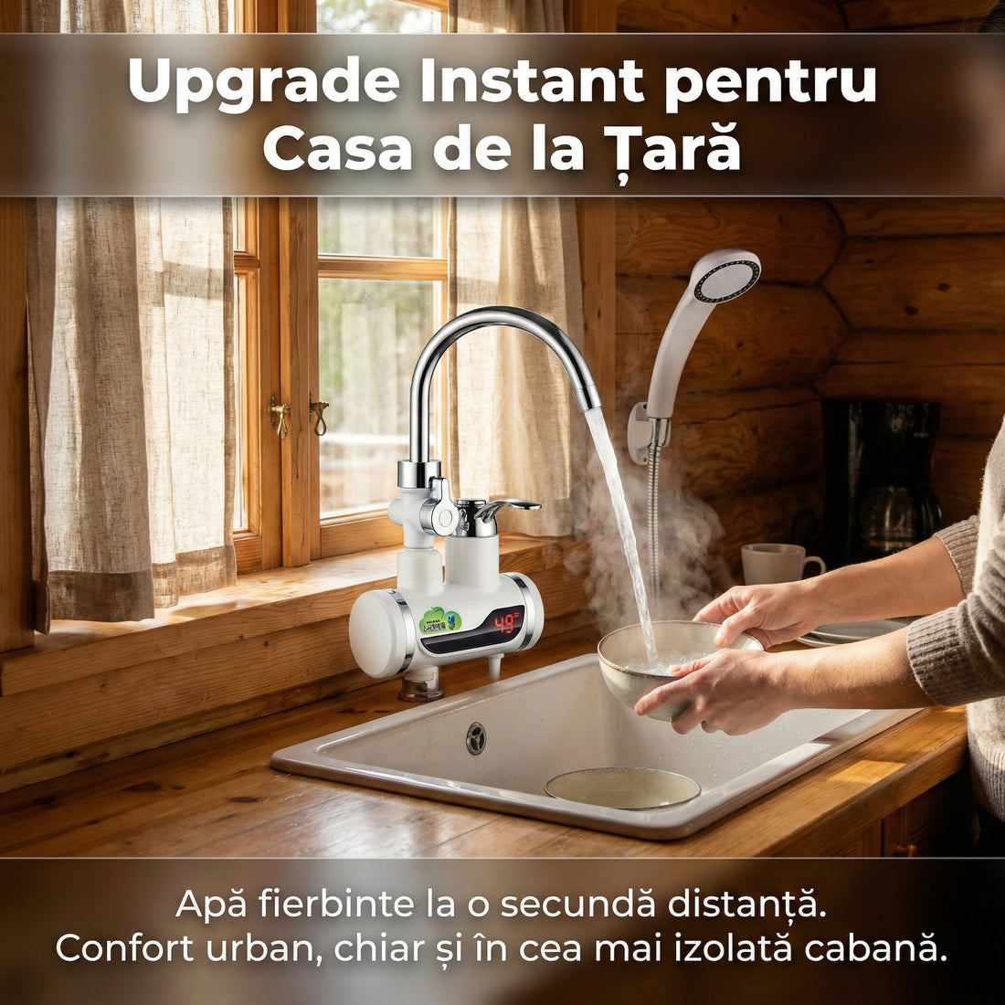 Robinet Electric Instant 3000W cu Încălzitor și Duș Inclus, Afișaj LCD, Rotire 360°, Montare Ușoară pe Chiuvetă, Alb/Crom