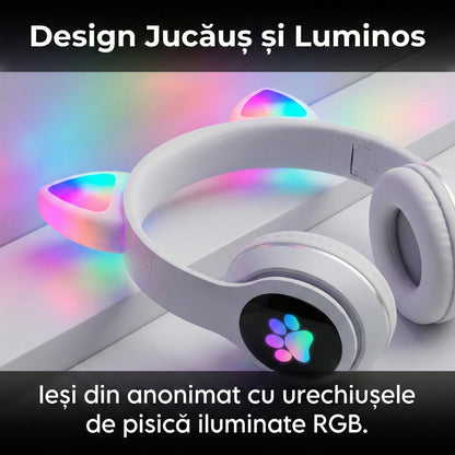 Căști Audio Wireless cu Urechi de Pisică și Iluminare LED RGB, Bluetooth 5.0, Sunet Stereo, Microfon Incorporat, Alb