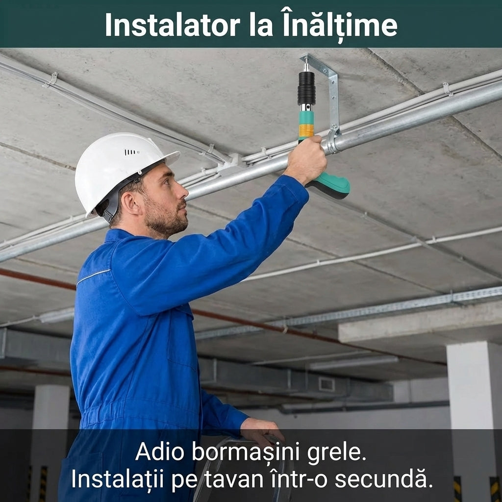 Pistol de Bătut Cuie în Beton  + 50 Cuie - Putere Ajustabilă 3 Trepte & Amortizor Zgomot (Fără Aer/Curent)