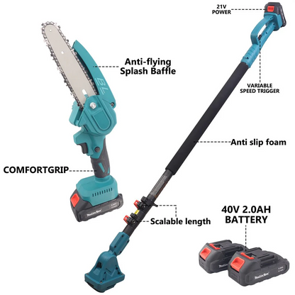 Set Grădinărit 2-în-1: Mini Drujbă Telescopică & Foarfecă Electrică - 2 Acumulatori 48V, Lamă 15cm & Motor Brushless