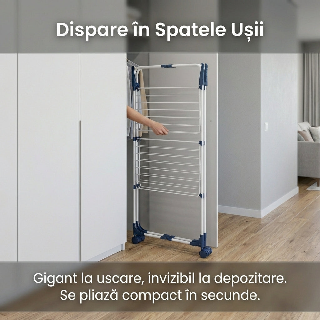 Uscător de Rufe Vertical Dublu Pliabil , 3 Niveluri, Capacitate 30 kg, Portabil, Alb