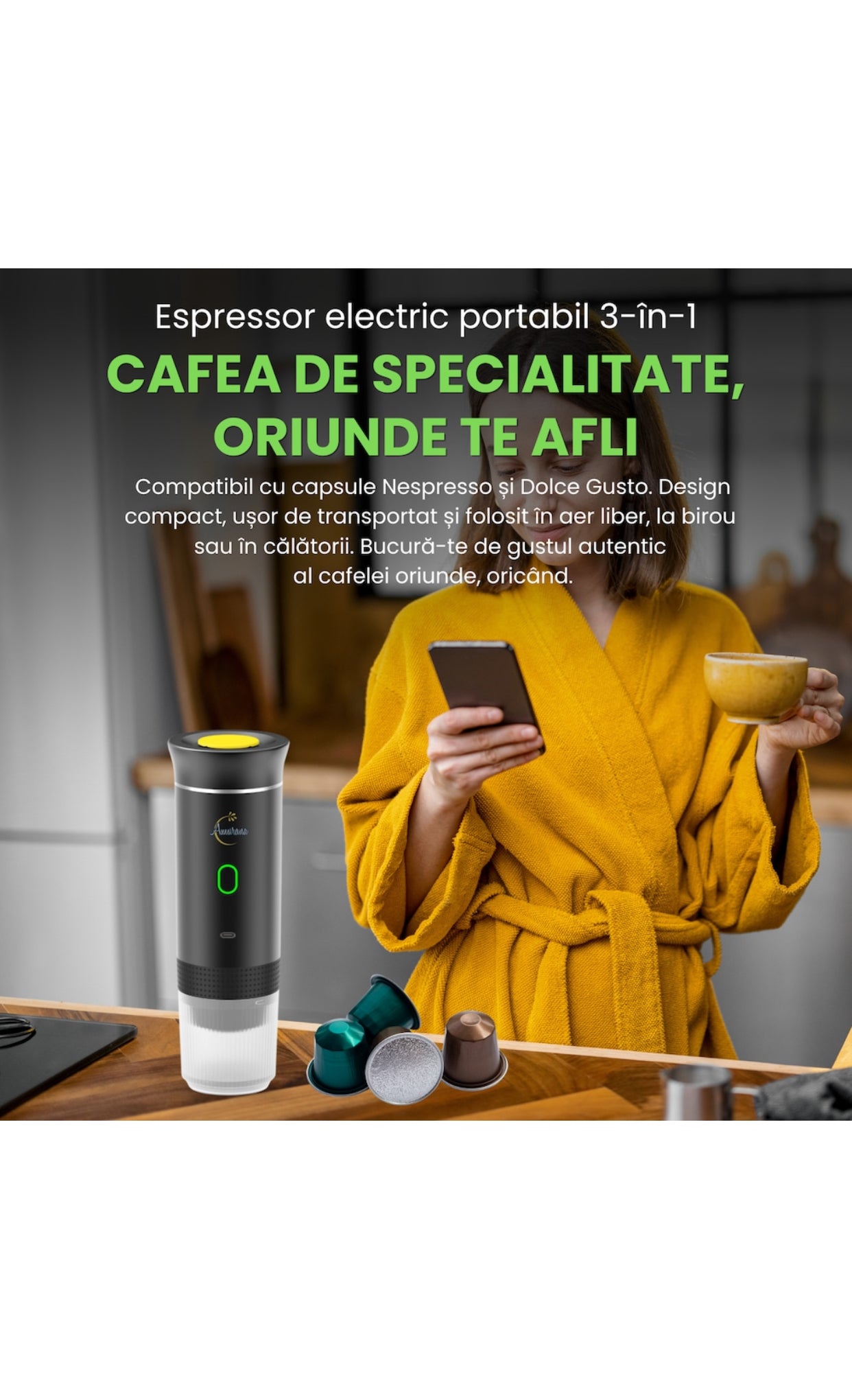 Espressor Portabil 3 în 1 – Cafea Măcinată, Capsule Nespresso & Dolce Gusto