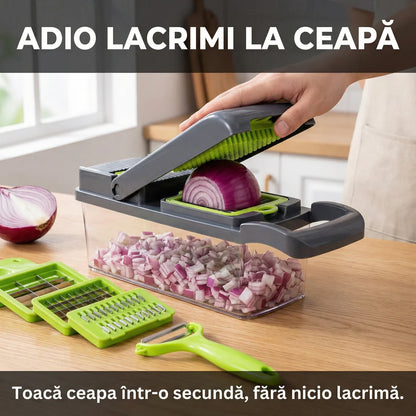 Răzătoare Multifuncțională Legume & Fructe cu Recipient Colector - Mandolină Manuală pentru Feliere, Răzuire & Cuburi