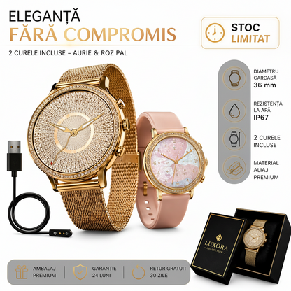 Ceas Smartwatch Damă – Smart Lady Gold - Curea Metalica + Curea Silicon Rose