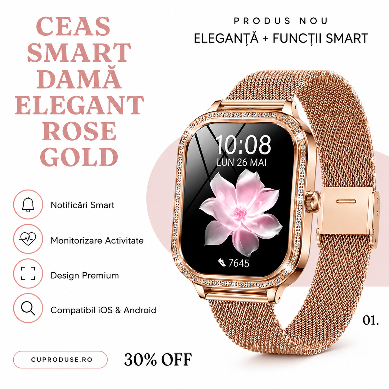 Ceas Smart Damă Elegant Rose Gold