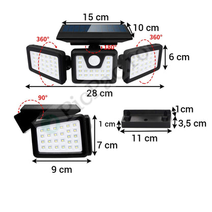 Lampă Solară LED cu 3 Capete – 74 LED-uri