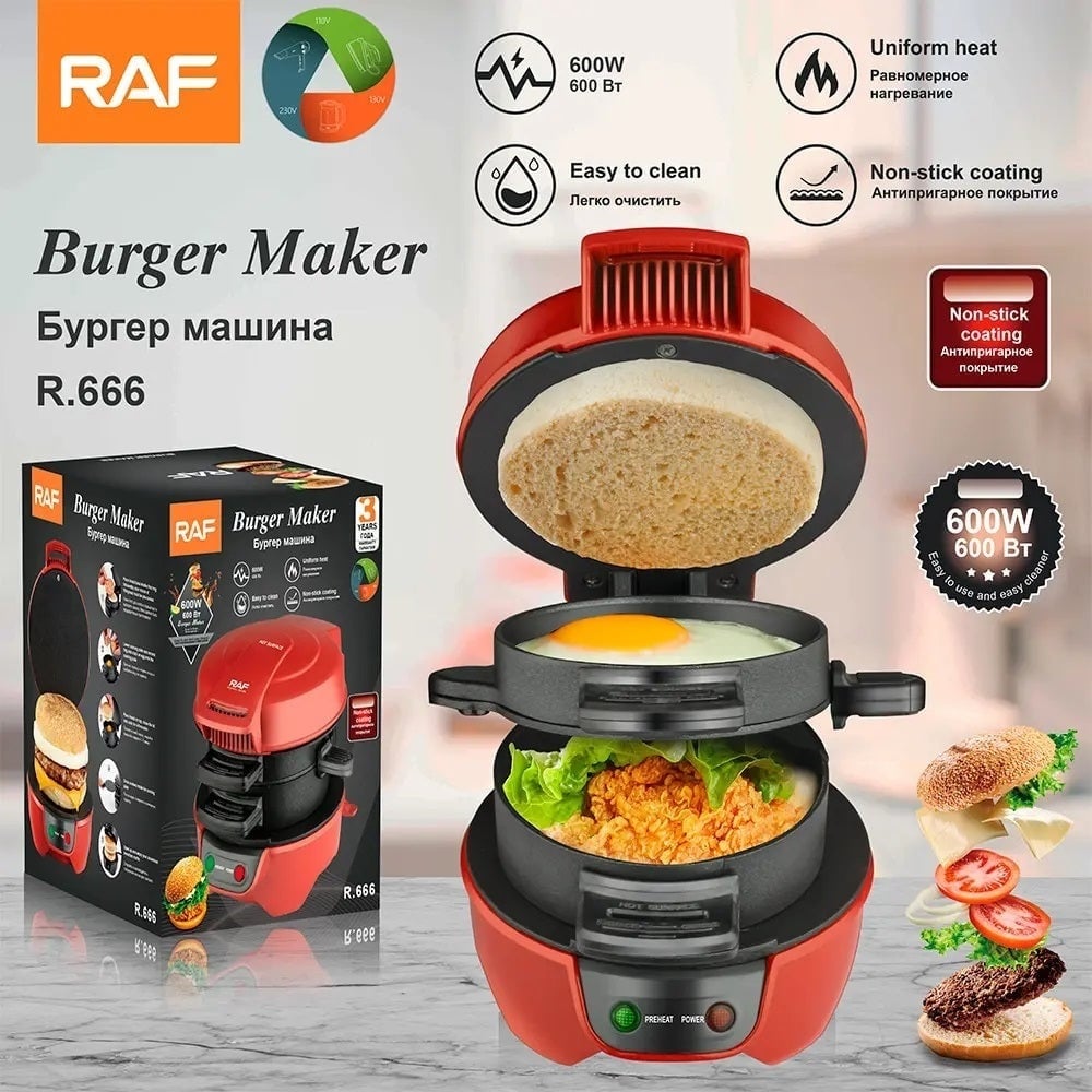 Aparat de facut burgeri sau sandwich-uri RAF 600W, Rosu.