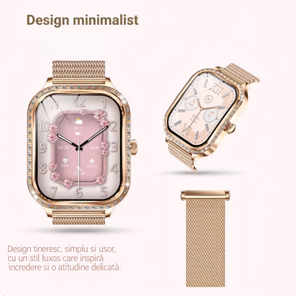 Ceas Smart Damă Elegant Rose Gold - Design Premium cu Bratară Metalică