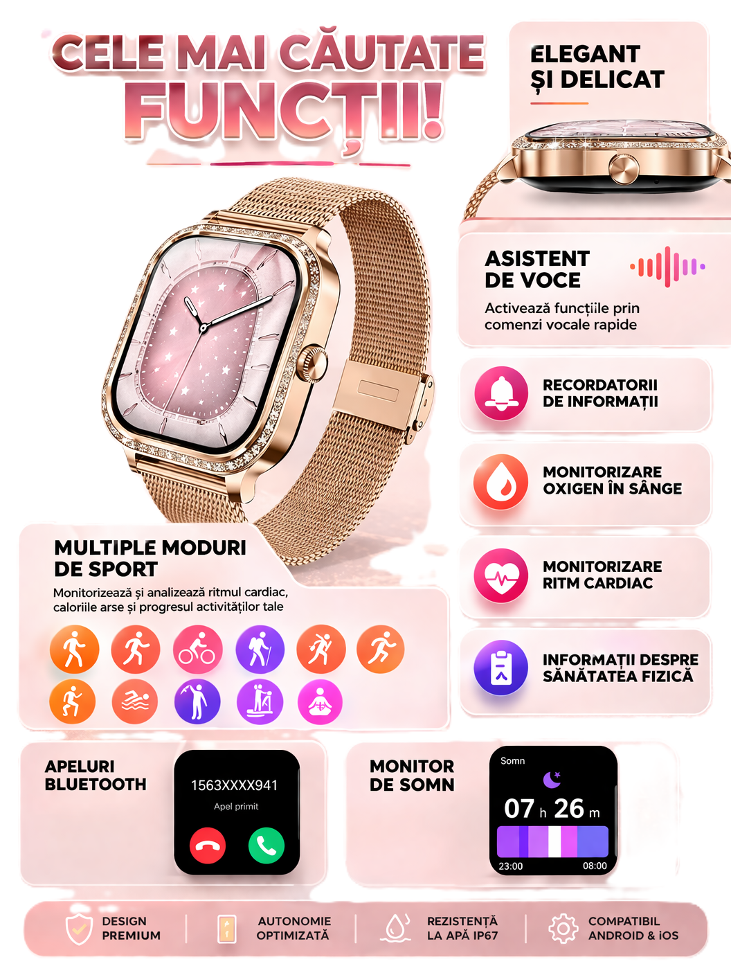 Ceas Smart Damă Elegant Rose Gold - Design Premium cu Bratară Metalică