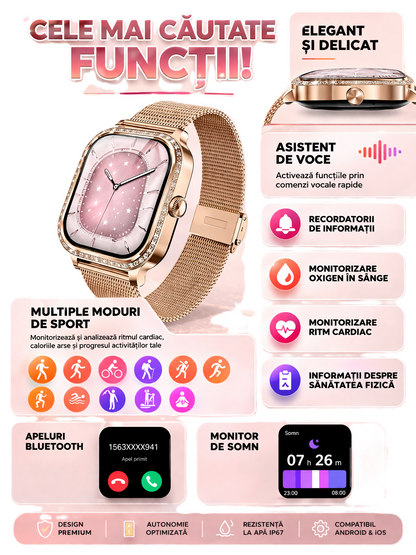 Ceas Smart Damă Elegant Rose Gold - Design Premium cu Bratară Metalică
