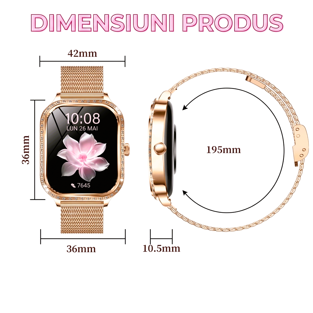 Ceas Smart Damă Elegant Rose Gold - Design Premium cu Bratară Metalică