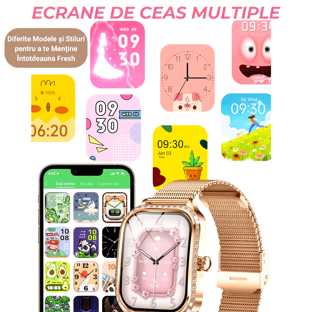 Ceas Smart Damă Elegant Rose Gold - Design Premium cu Bratară Metalică