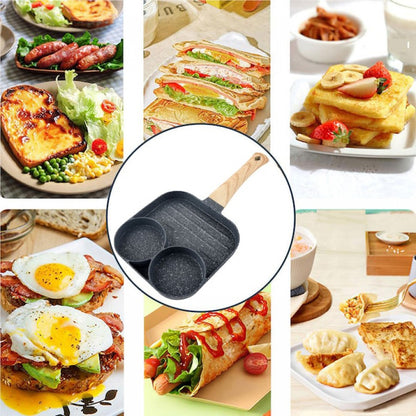 Tigaie Multifuncțională Antiaderentă cu 3 Compartimente și Mâner Efect Lemn