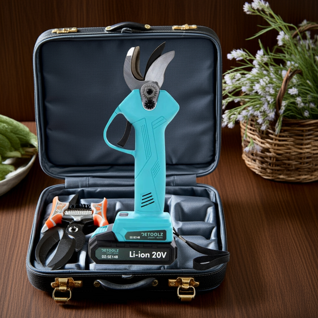 Foarfeca Electrica pentru Gradinarit cu 2 Acumulatori 48V, cu Lama din Otel Carbon, Baterie 9700mAh, Accesorii si Valiza Transport.